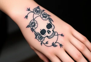 gothic skull intertwined with climbing roses and thorny vines tattoo idea