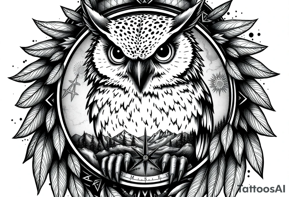 an owl,a compass,landscape. tattoo idea