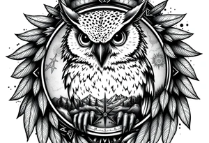 an owl,a compass,landscape. tattoo idea