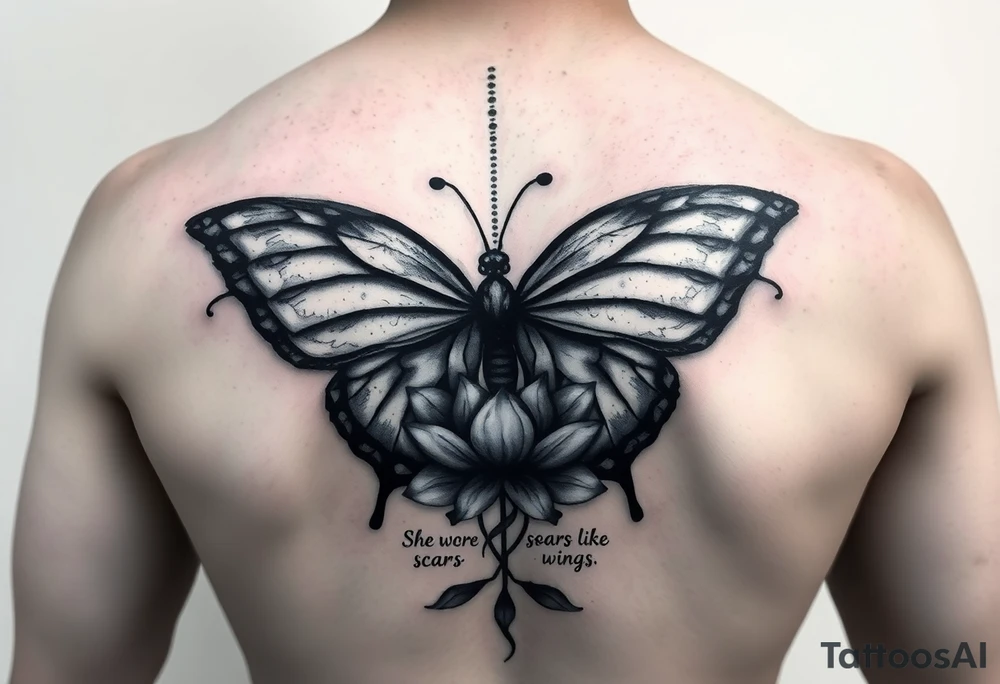 butterfly with cracked wings and lotus flower with quote that says “she wore her scars like wings” all down spine but very elegant towards lower back and small tattoo idea