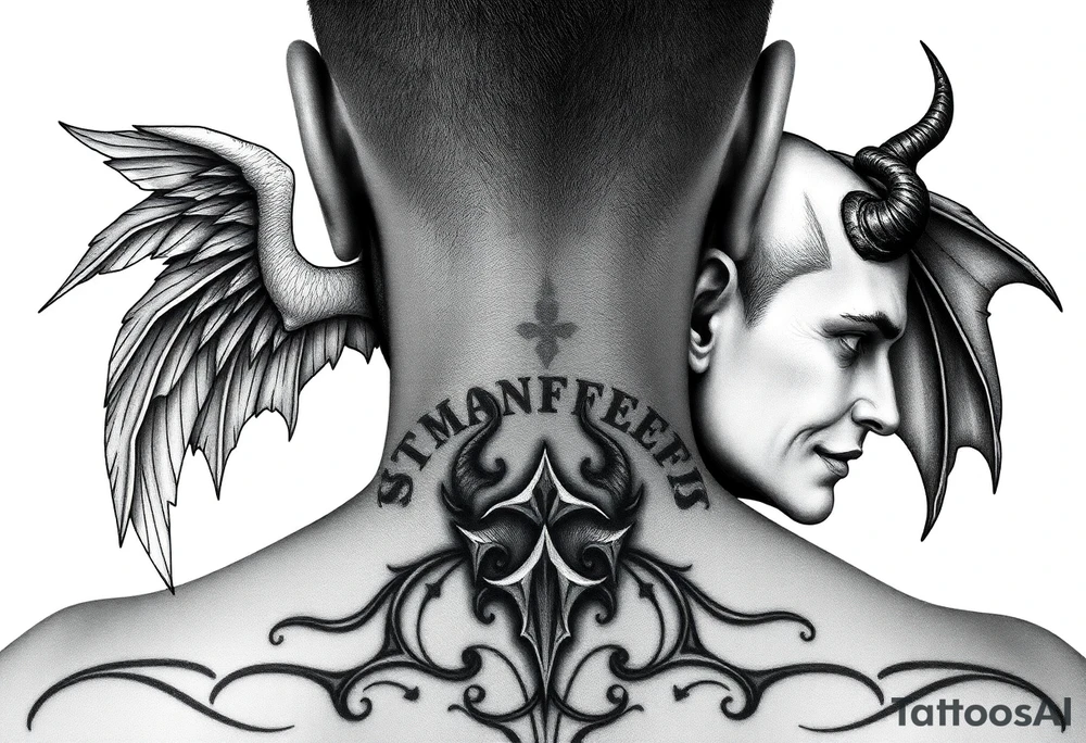 position behind the neck Angel (on the right) whispering in the right ear, demon (on the left) whispering in the left ear. It must be as realistic as possible. tattoo idea