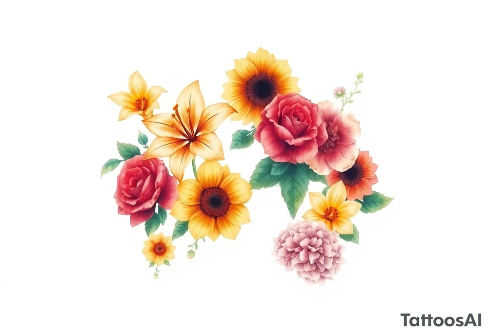 6 vintage star gazer lillies some yellow some red wild roses and sunflowers and hydrangea tattoo idea