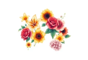 6 vintage star gazer lillies some yellow some red wild roses and sunflowers and hydrangea tattoo idea