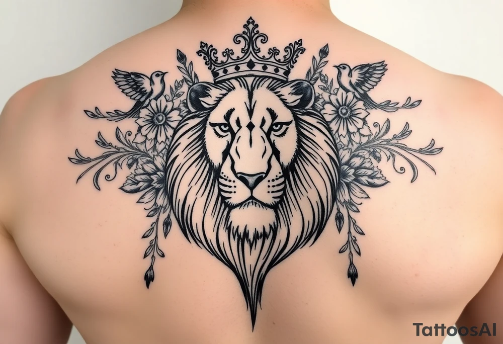 powerful majestic lion with a crown, surrounded by floral ornaments and birds tattoo idea
