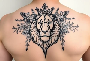 powerful majestic lion with a crown, surrounded by floral ornaments and birds tattoo idea