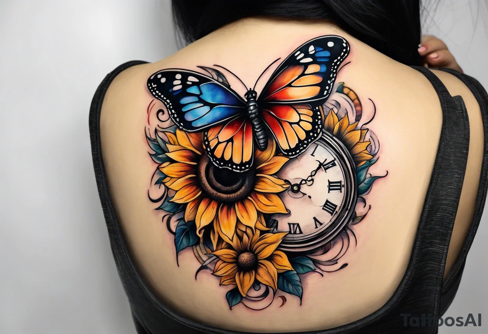 Sleeve with clock, sunflower and butterfly tattoo idea