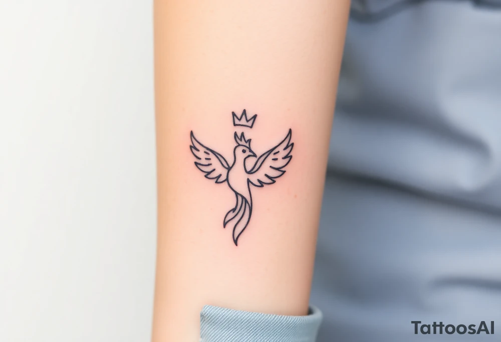 Minimal phoenix and crown fine lines tattoo idea