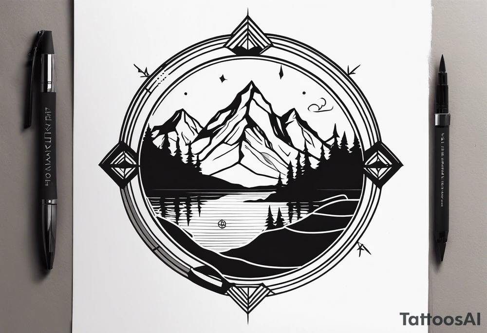 rocky mountains, compass, lake, reflection, linear tattoo idea