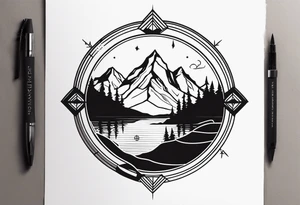 rocky mountains, compass, lake, reflection, linear tattoo idea