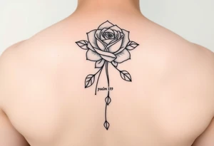 Fine line rose flower intertwined with a daisy with the daisy pedals falling down the middle of the back. Also include the words psalm 139 and even there connected to the flowers by dots tattoo idea