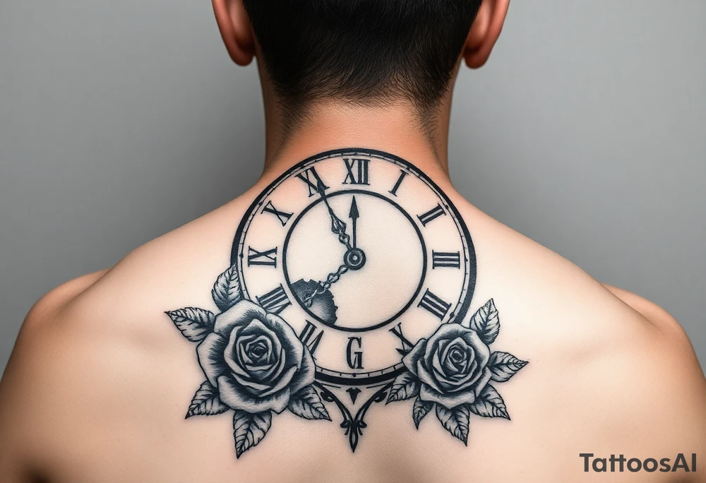Broken Clock face 11:43 as set time. With roses and skull looking to the clock feminine tattoo idea