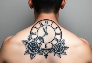 Broken Clock face 11:43 as set time. With roses and skull looking to the clock feminine tattoo idea