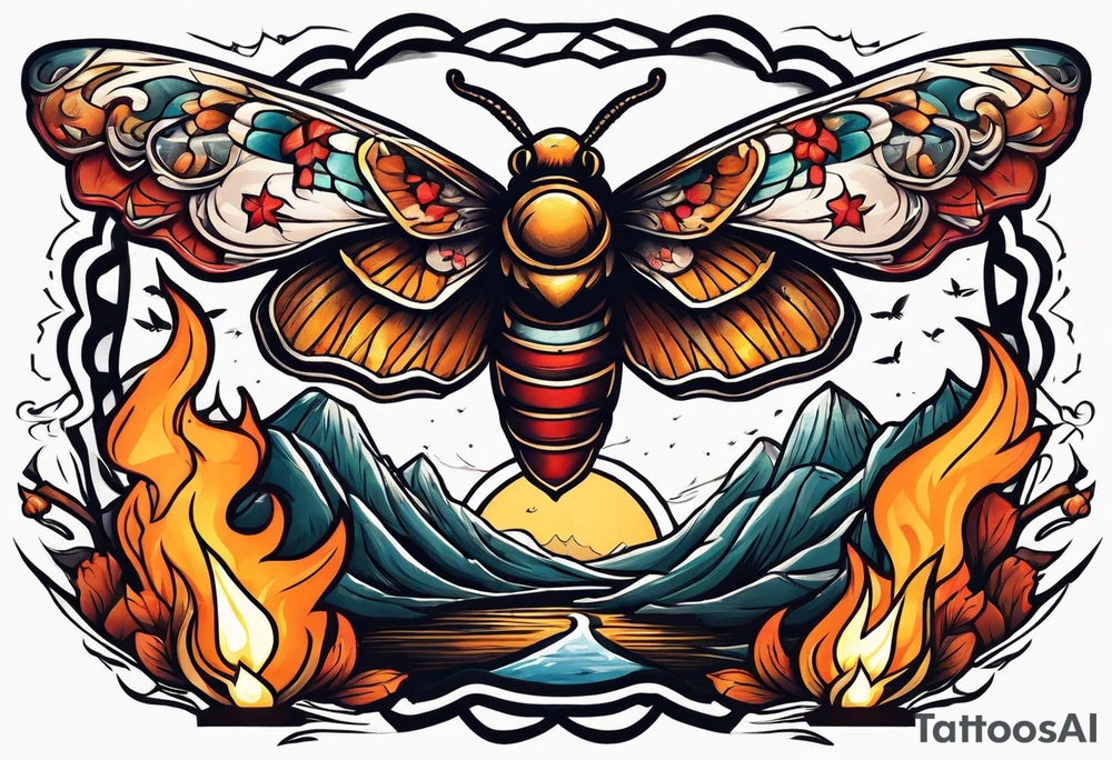 Moth flying near a campfire tattoo idea