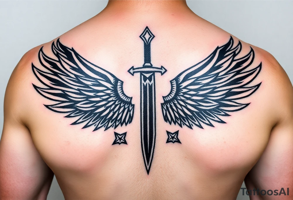 Wings wrapping up around surrounding a sword and diamond shaped stars tattoo idea