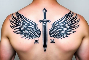 Wings wrapping up around surrounding a sword and diamond shaped stars tattoo idea