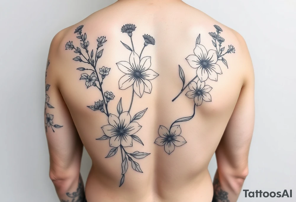 Full sleeve tattoo design of larkspur and hawthorn flowers, highly detailed line art, black ink, elegant botanical style, intertwined composition, no shading, no human mock-up, clean stencil style suitable for tattooing, fit fully within boundaries. LINE ART ONLY, REMOVE HUMAN, NO SKIN tattoo idea
