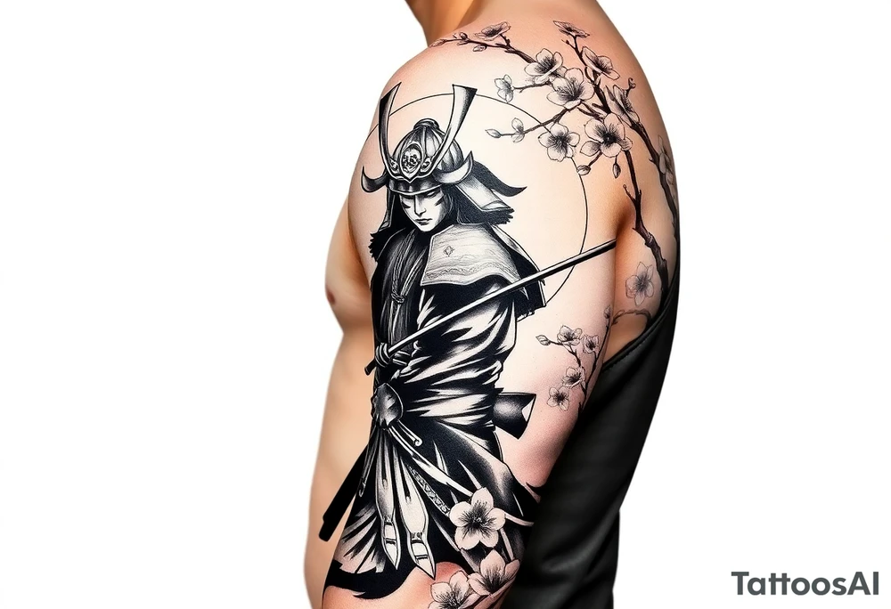 noble samurai warrior silhouette at sunset with cherry blossoms tattoo idea