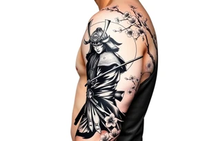noble samurai warrior silhouette at sunset with cherry blossoms tattoo idea