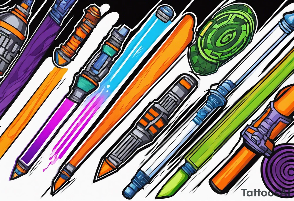 blue lightsaber, green lightsaber, orange lightsaber, purple lightsaber tattoo idea