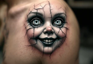 A cracked porcelain doll face, with a haunting smile and glossy white highlights, appearing shattered but still lifelike. tattoo idea