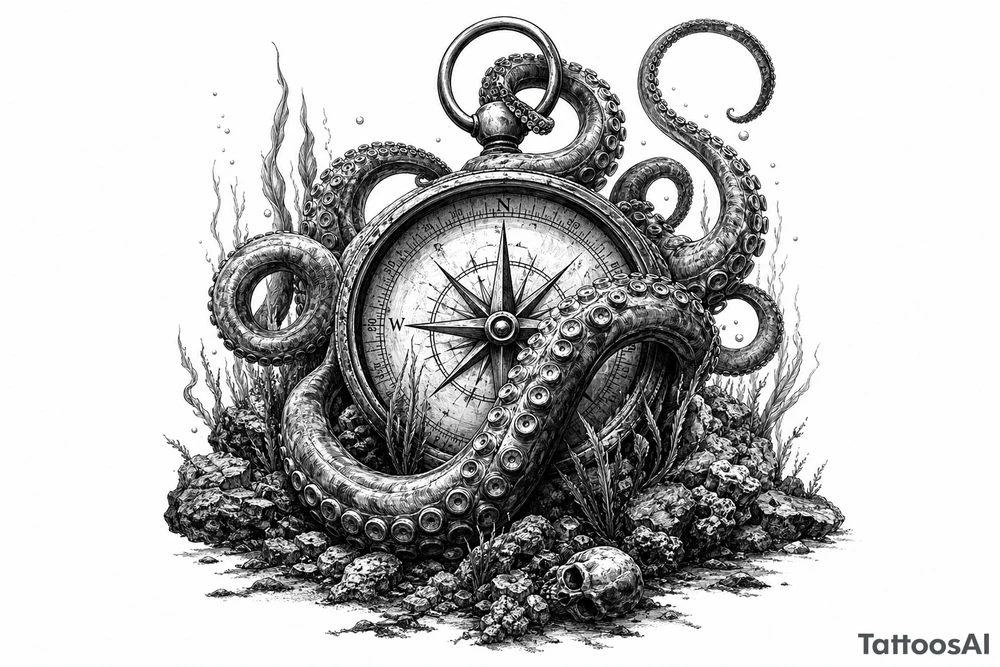 A kraken's tentacles coiling around a nautical compass on a dark ocean floor. tattoo idea