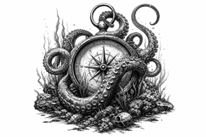 A kraken's tentacles coiling around a nautical compass on a dark ocean floor. tattoo idea