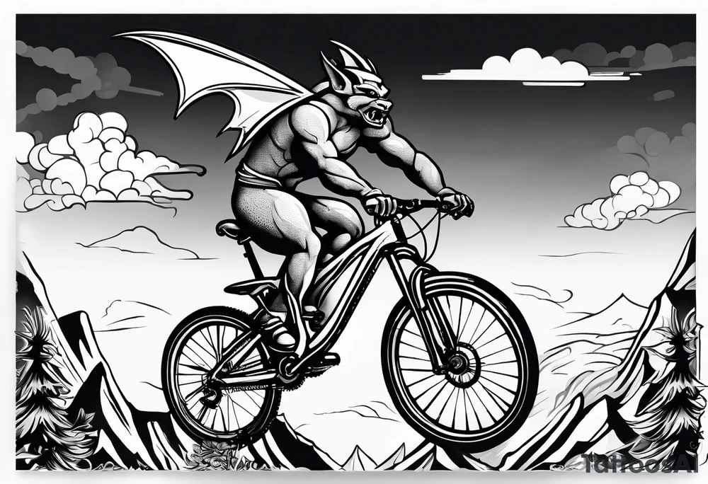 gargoyle riding a full suspension mountain bike with a shadow no background tattoo idea
