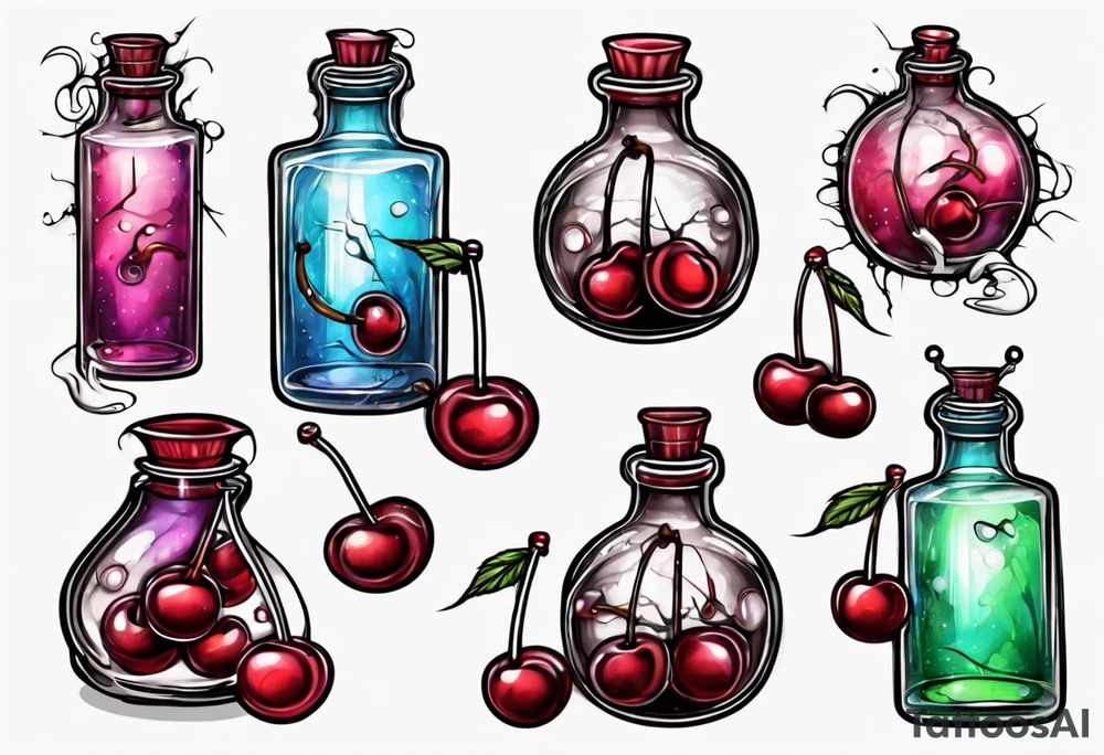 potion bottle with cherries inside tattoo idea