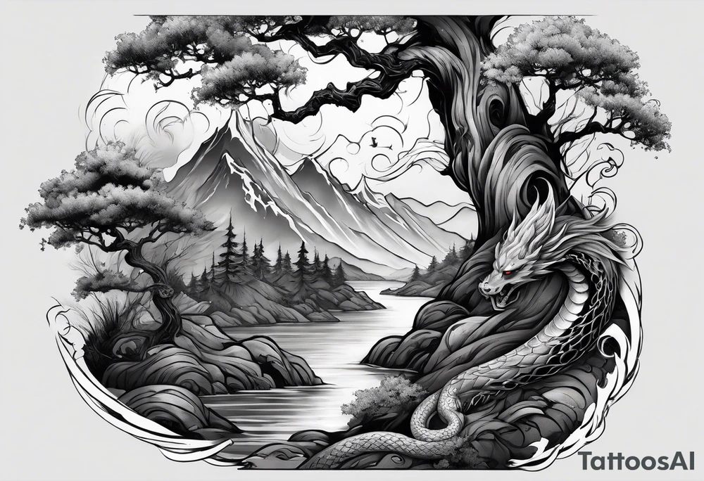 Full arm sleeve, tree going up to shoulder dead tree going down to wrist, wrapped in a serpent moving down with mountain, water, and demon tattoo idea