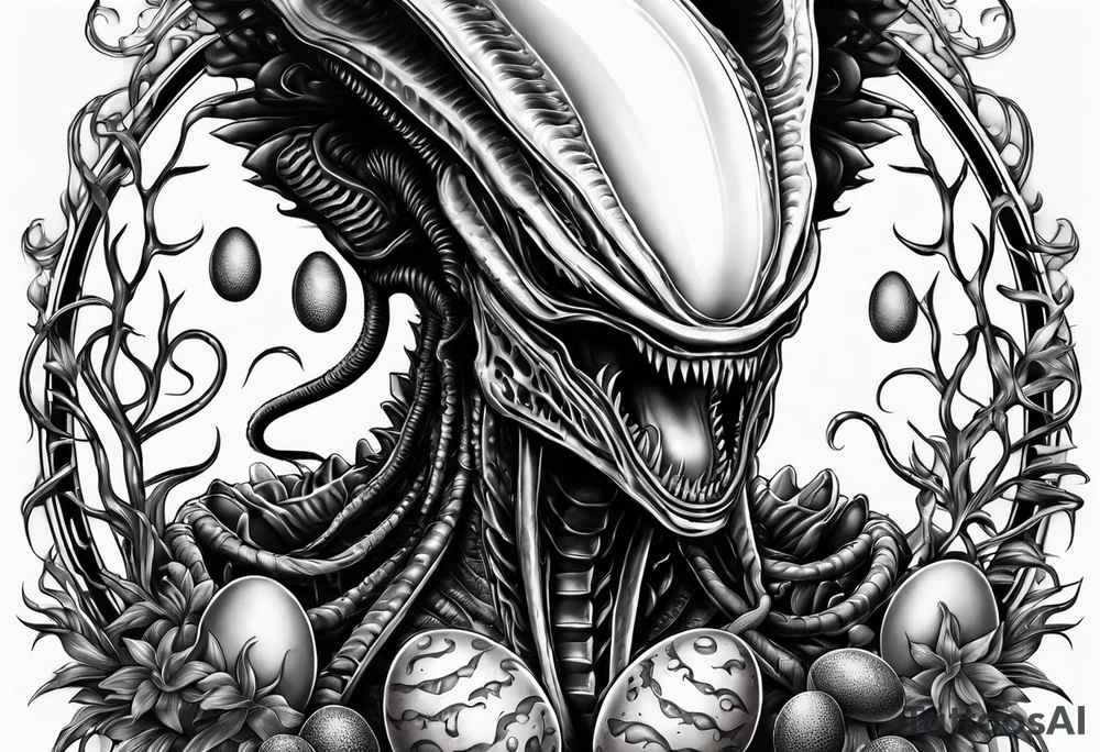 Xenomorph with eggs sleeve tattoo idea