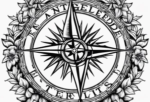 compass rose, sailboat wheel, hyacinth, and the word "entangled" tattoo idea