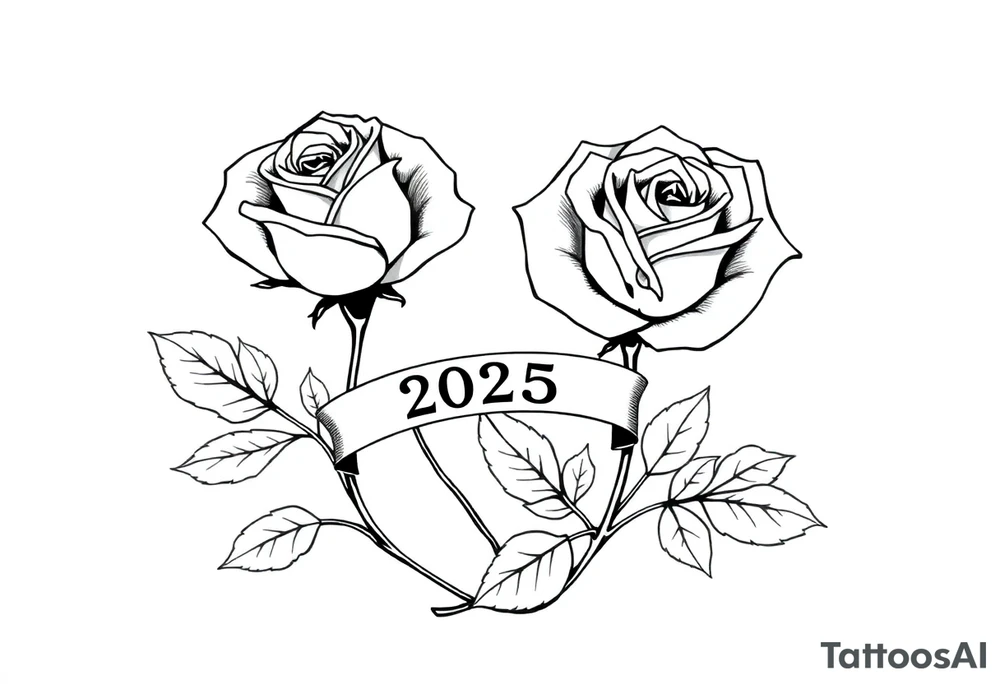 two beautiful large rose buds, one larger than the other, with many leaves next to the rose buds, with one sitting higher than the other. Include a banner connecting the two roses with the year 2025 on it.   Use dark outlines with little shading. The two stems should be short, not long, and connect and join into one stem, whimsically curved or twisted - not straight down. tattoo idea