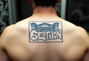 Flinders street station in graffiti in a rectangle outlined box in portrait orientation tattoo idea