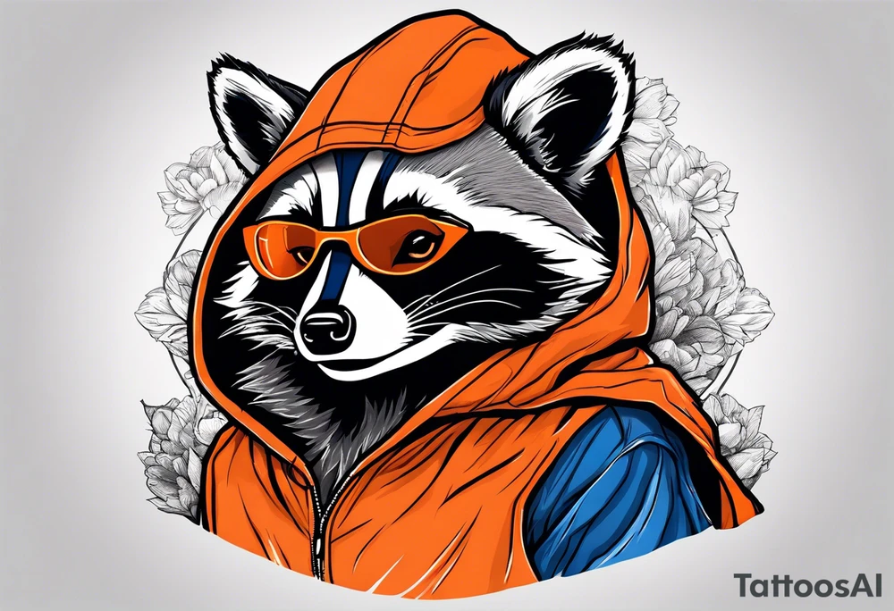 Raccoon wearing an orange Superman hoodie tattoo idea