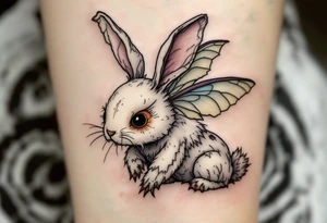 Tim Burton’s Moth-Eaten Rabbit – A ragged plush rabbit with one ear missing and moth wings sprouting from its back, stitched in faded cream, gray, and dull plum thread. tattoo idea