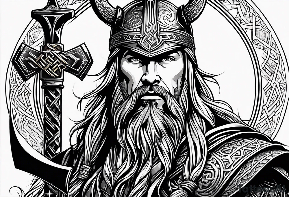 Thor with Viking runes in the background as a vignette tattoo idea