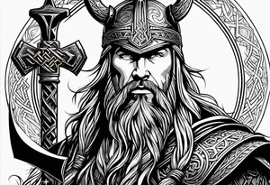 Thor with Viking runes in the background as a vignette tattoo idea