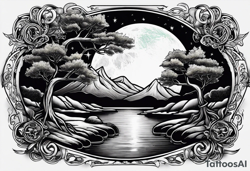 design moon tree campfire guitar playing tattoo idea
