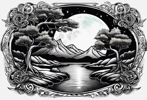design moon tree campfire guitar playing tattoo idea
