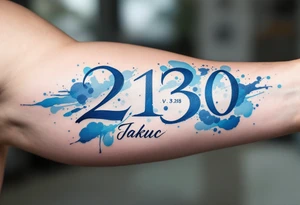 Bold numbers "21.9.2018 v 7:30" with the name "Jakub" beneath, surrounded by a blue watercolor splash. tattoo idea