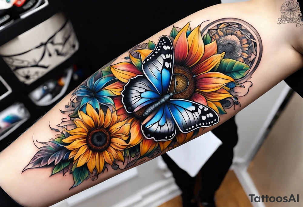 arm sleeve with winged cross, rainbow sunflowers and butterflies tattoo idea