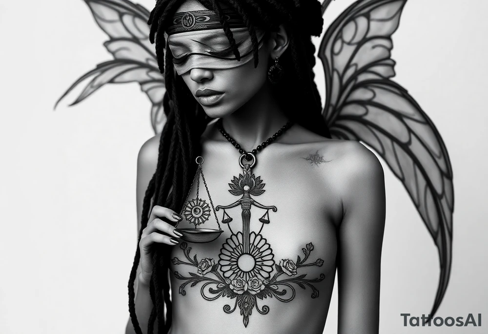 Black Sylph with dreads wearing blind fold and ankh pendant with tattoos holding libra weighing scales with the sun and moon rose vines surrounding and Anubis guarding tattoo idea