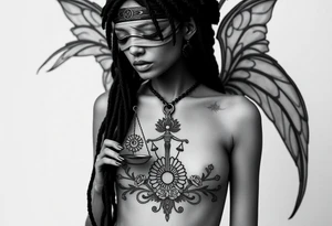 Black Sylph with dreads wearing blind fold and ankh pendant with tattoos holding libra weighing scales with the sun and moon rose vines surrounding and Anubis guarding tattoo idea