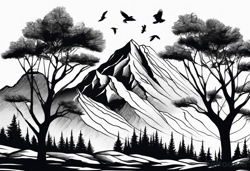 A mountain scape with trees. 5 silhouettes of birds. tattoo idea