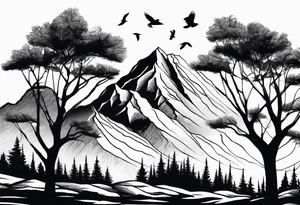 A mountain scape with trees. 5 silhouettes of birds. tattoo idea