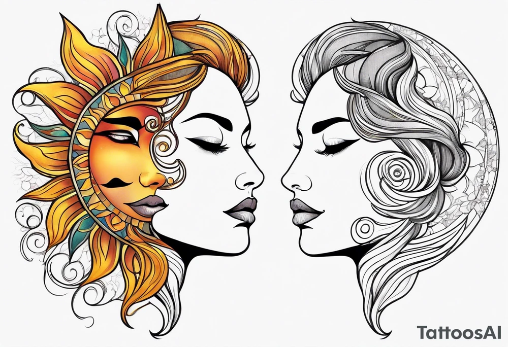 single face 
half of the face is a woman representing the sun, and the second half is a man representing the moon. tattoo idea