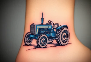 A detailed blue tractor with headlights glowing, standing proudly on a freshly tilled farm field. tattoo idea