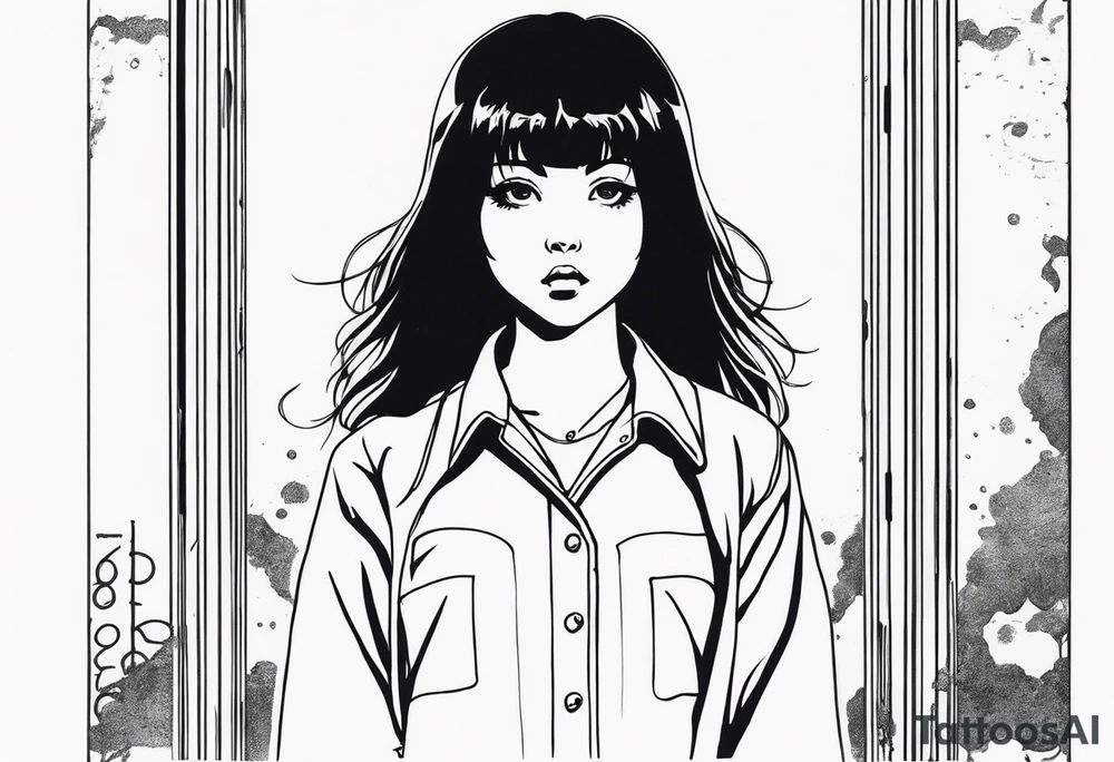portrait of tomie standing up a character by the horror manga author junji ito full body standing murderously. add more horror and gore elements tattoo idea