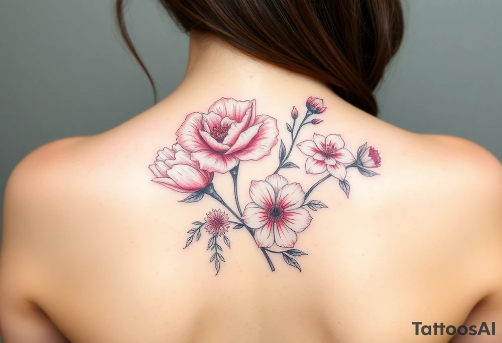 Carnation rose lily luster and aster flower tattoo idea