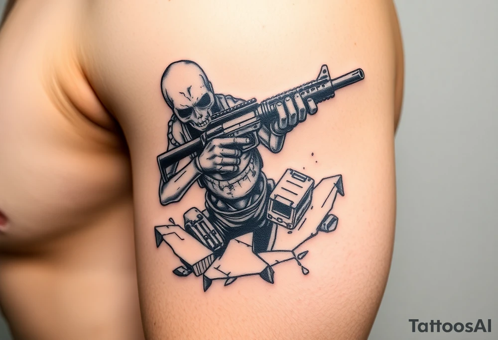 Zombie holding a shotgun, emerging from cracked earth, dark realism style. tattoo idea